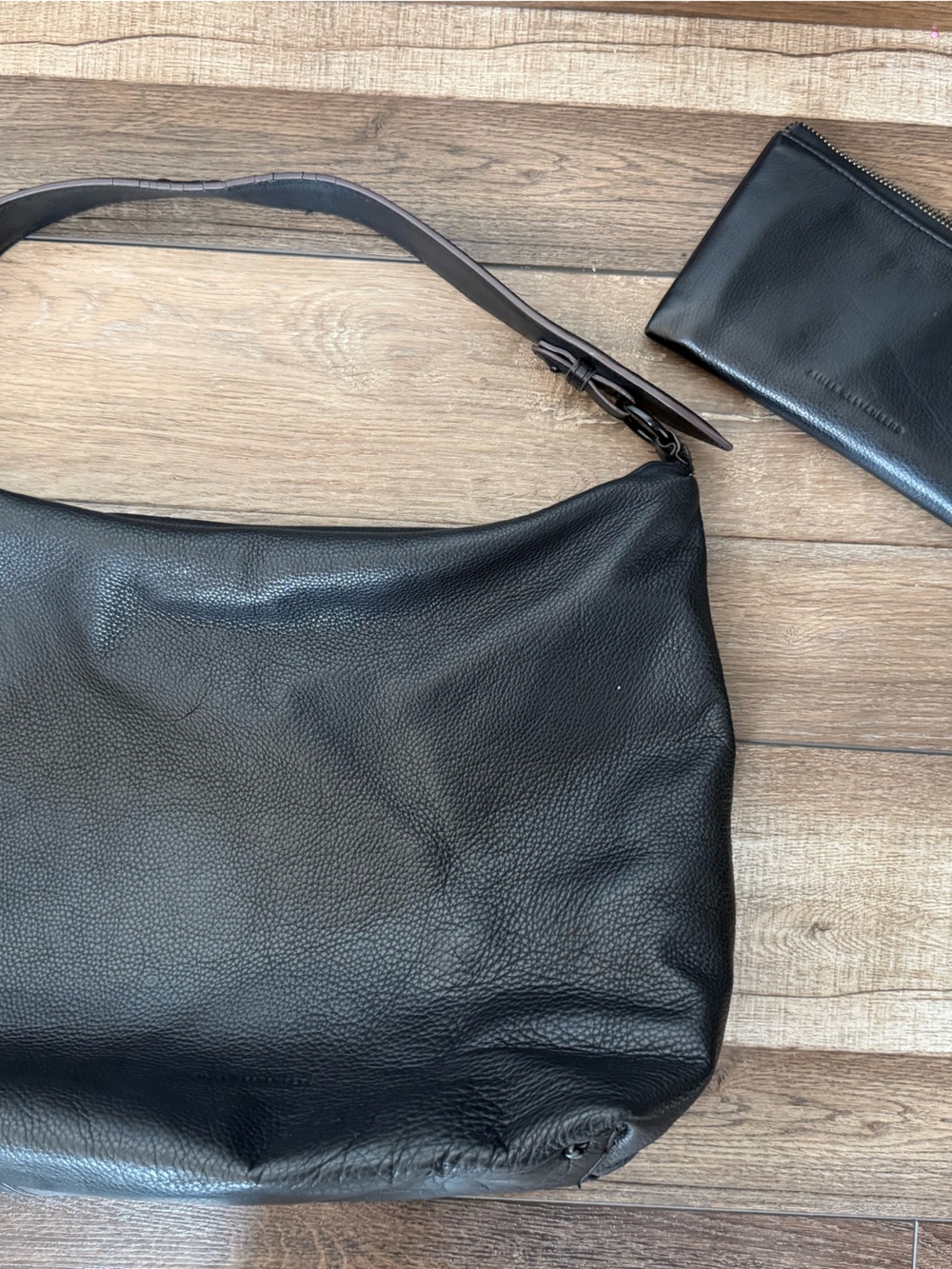 Black Leather Shoulder Bag with Removable Pouch
